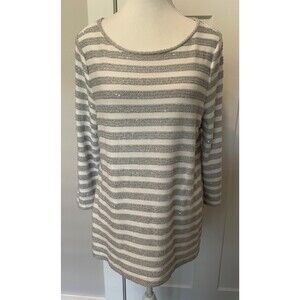TALBOTS Womens Knit TOP 3/4 Sleeve GRAY White STRIPE Sequin Size L